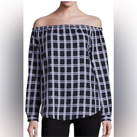 EUC Rag & Bone-Off-Shoulder Plaid Top - Black and White. Size L - Picture 1 of 8
